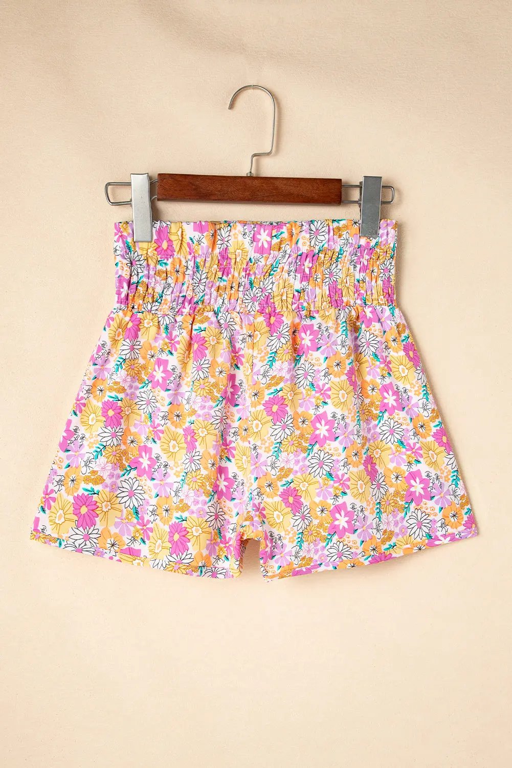 Pink Boho Floral Shirred High Waist Casual Shorts - Love Salve